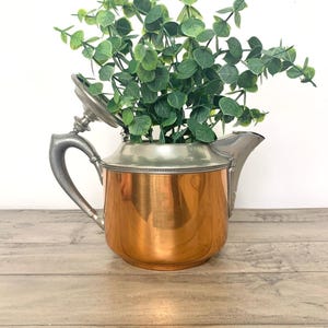 May include: A vintage copper and silver teapot filled with green leafy plants. The teapot has a shiny copper body, a silver handle, spout, and lid. The plants are a vibrant green, contrasting with the metal. The teapot is on a wooden surface.