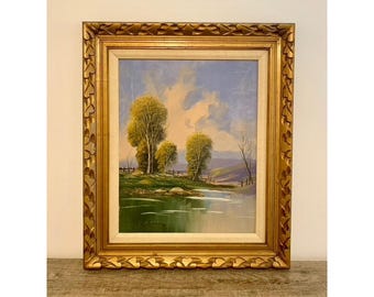 Vintage Signed Oil Painting Signed Serene Landscape Gold Framed Art Cottagecore Old Money Ornate
