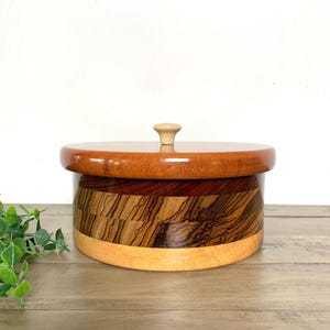 Handmade Wood Turned Lidded Bowl Box, Signed, Mixed Woods