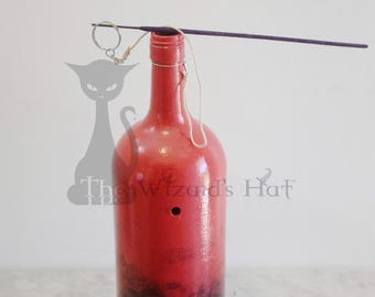 Hand-Painted Wine Bottle Smoking Incense Burner: Two-Tone Glass Art, Upcycled Gift, Red & Black, On Sale
