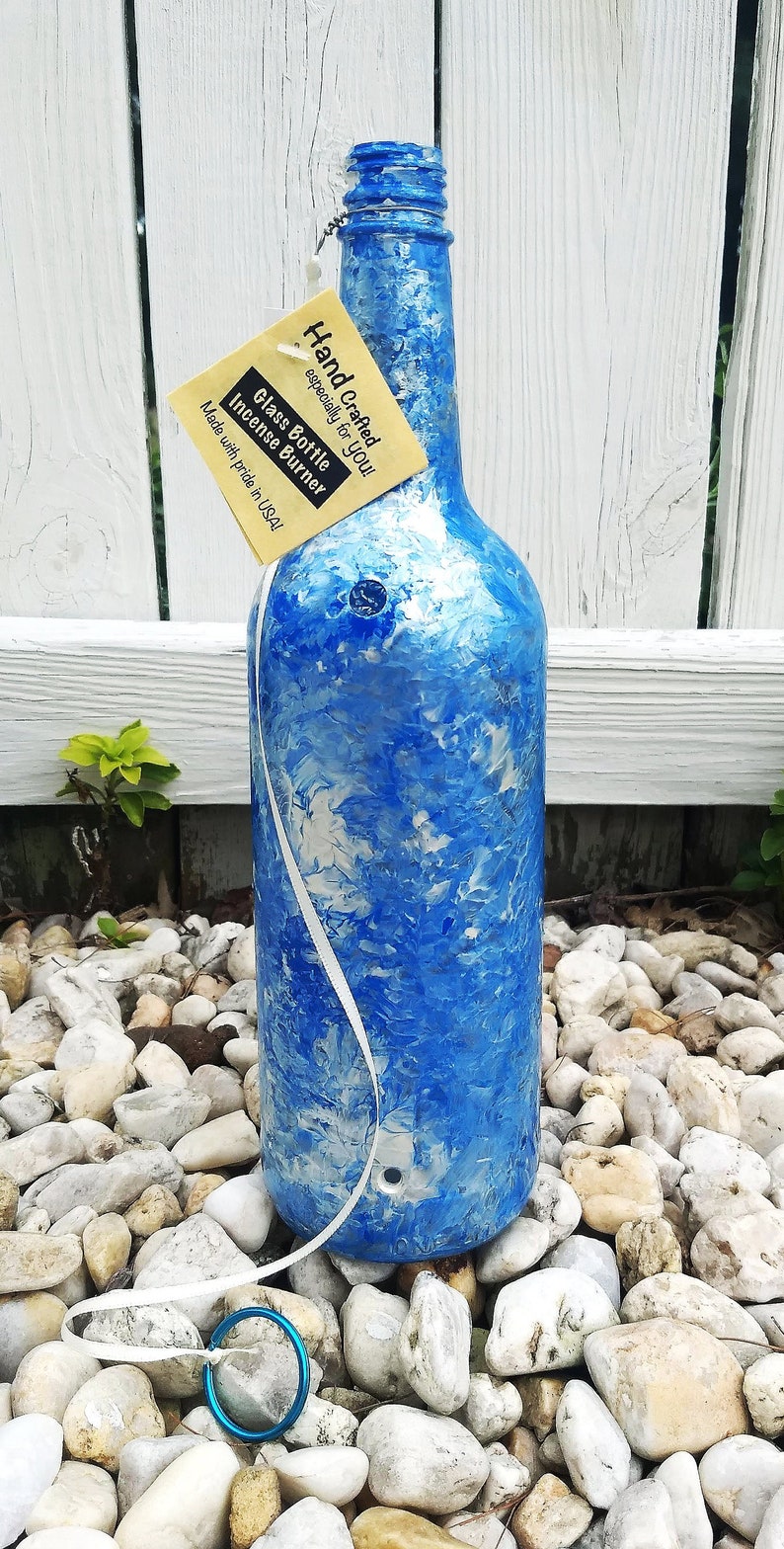 Blue and White Painted Wine Bottle Incense Burner, Glass Art, Painting, Incense, Unique Gift, Wine Gift, Incense holder, House Warming Gift image 1