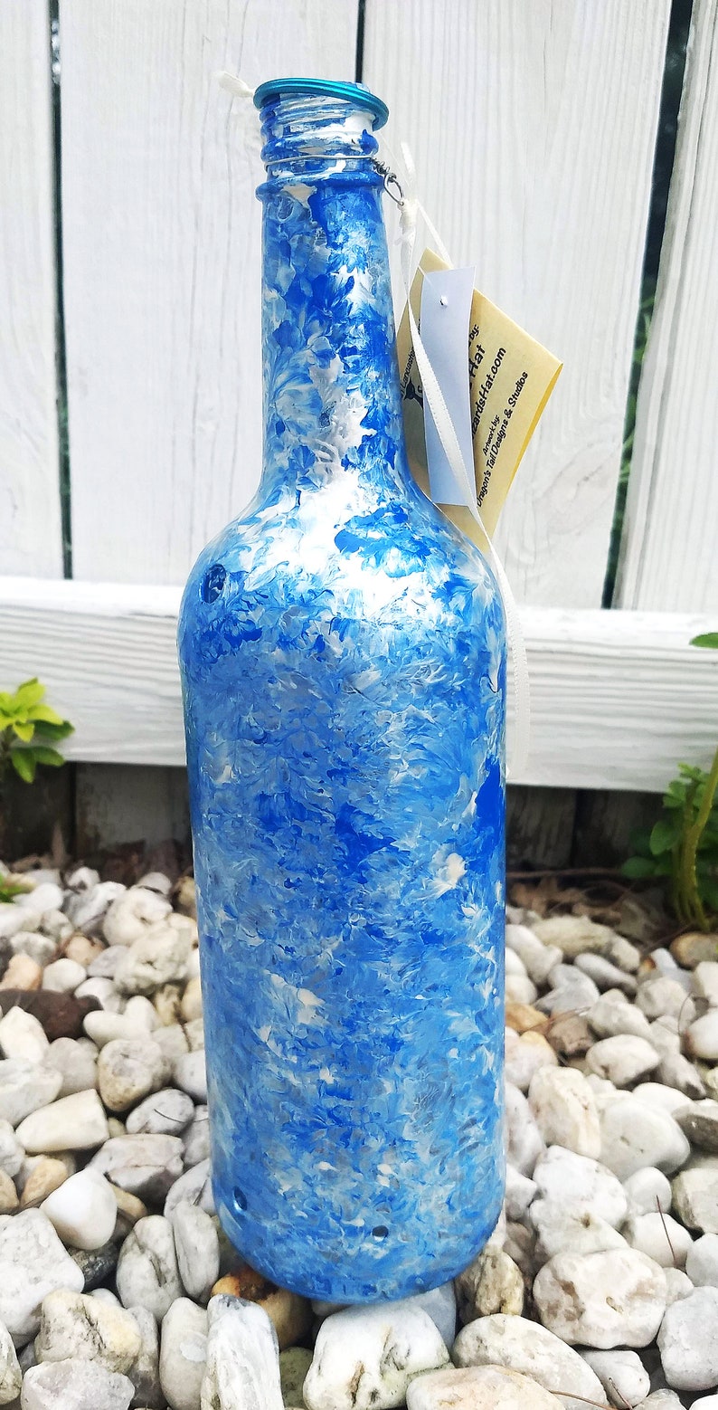 Blue and White Painted Wine Bottle Incense Burner, Glass Art, Painting, Incense, Unique Gift, Wine Gift, Incense holder, House Warming Gift image 2