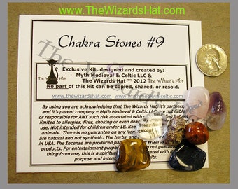Chakra CRYSTAL STONE Kit 9- 7 stones - Ruby (Raw), Carnelian, Tigers Eye, Rose Quartz, Sodalite, Clear Quarts, & Amethyst Stones.