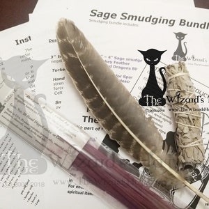 Sage Smudge bundle includes a 3&quot;-4&quot; Sacred White Sage wand, Turkey Feather, Smudging Prayer, 20 Dragon&#39;s Blood IncenseSticks