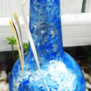 Blue and White Painted Wine Bottle Incense Burner, Glass Art, Painting, Incense, Unique Gift, Wine Gift, Incense holder, House Warming Gift image 3