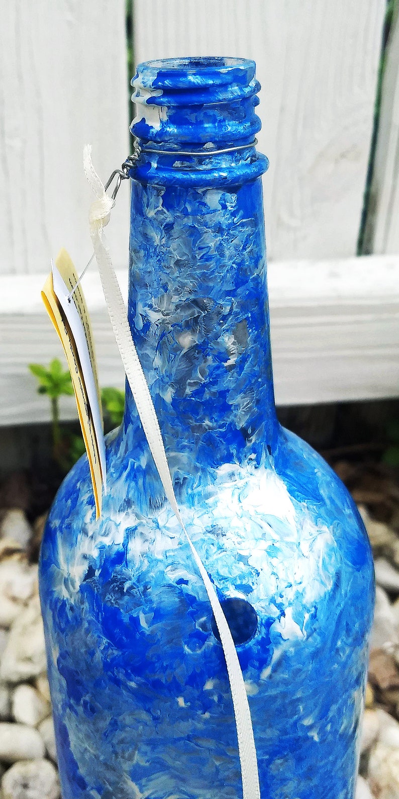 Blue and White Painted Wine Bottle Incense Burner, Glass Art, Painting, Incense, Unique Gift, Wine Gift, Incense holder, House Warming Gift image 3