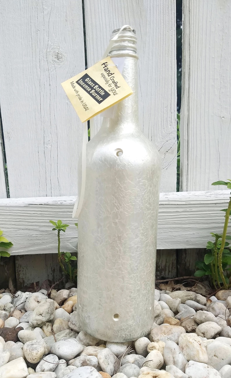 Silver Pearl White Wine Bottle Incense Burner, Glass Art, Painting, Incense, Unique Gift, Wine Gift, Incense holder, House Warming Gift, image 1