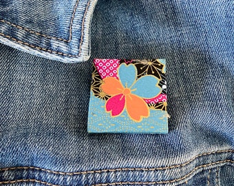 Unique Japanese Chiyogami washi pin brooch.  Handmade. Turquoise, red and orange cherry blossom. Free shipping ready to ship