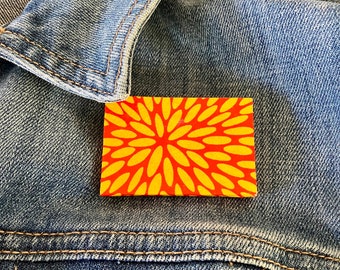 Unique Japanese Chiyogami washi pin brooch.  Handmade. Yellow chrysanthemum petals on red. Free shipping ready to ship