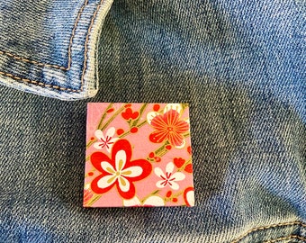 Unique Japanese Chiyogami washi pin brooch.  Handmade. Pink, white and gold cherry blossoms.  Free shipping ready to ship