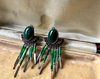 Vintage Malachite Green Navajo Silver Earrings Dangle.