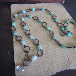 Chrysoprase gemstone chain necklace, Faceted nuggets Green semiprecious stone Forged copper rings - Apple of My Eye