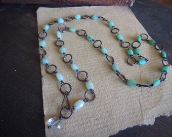 Chrysoprase gemstone chain necklace, Faceted nuggets Green semiprecious stone Forged copper rings - Apple of My Eye