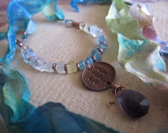 Katara Inspired necklace, Mixed faceted nugget gemstones Silk ribbon Blue Green Artisan copper metalwork - Waterbender