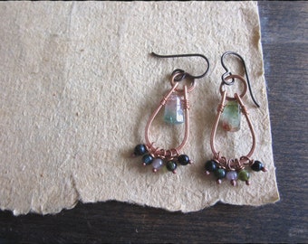 Watermelon tourmaline slice earrings, Bicolor green pink gemstone slab drops Rough briolette Forged rings Copper wire Hypoallergenic niobium