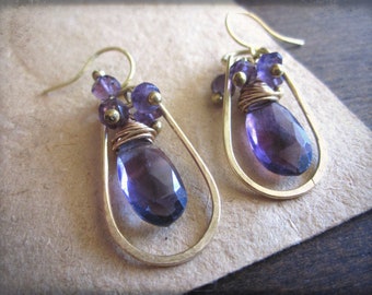 Fluorite Briolette earrings, Brass hammered frame Amethyst rondelle Faceted stone Wire wrapped Blue Purple Semiprecious gemstones