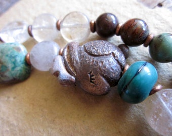 Jackalope Beaded Necklace, Tree Wings Studio artisan fimo bead African turquoise Green opal Handmade lampwork beads Rutilated quartz Copper