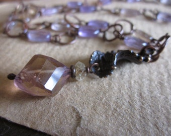 Elven necklace,  Copper organic leaf form Ametrine faceted nuggets Forged copper hoops Wire wrapped Metalwork - Lothlorien