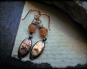 Organic earrings, Cast bronze Semiprecious gemstone Orange carved carnelian Copper wire - Pumpkin Seeds