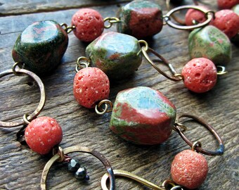 Unakite necklace, Pink Green Chunky semiprecious stone nugget Rustic salvaged glass Raw brass wire Forged hoops- Water Lily