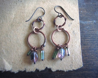 Watermelon tourmaline earrings, Bicolor green pink gemstone nugget Raw crystals Copper wire Forged copper rings Hypoallergenic niobium