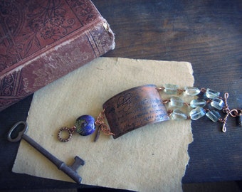 Etched Copper bracelet, Rustic copper cuff Alice in Wonderland Jabberwocky Faceted green amethyst nuggets - Twas Brillig