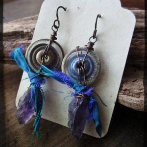 Amethyst spike earrings, Rough purple quartz Artisan lampwork glass Recycled silk Raw copper Endless Circle image 1