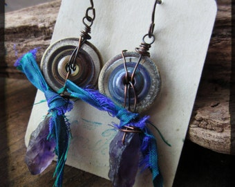 Amethyst spike earrings, Rough purple quartz Artisan lampwork glass Recycled silk Raw copper - Endless Circle