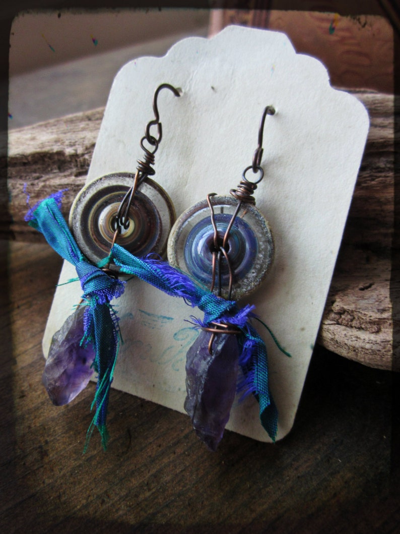 Amethyst spike earrings, Rough purple quartz Artisan lampwork glass Recycled silk Raw copper Endless Circle image 1
