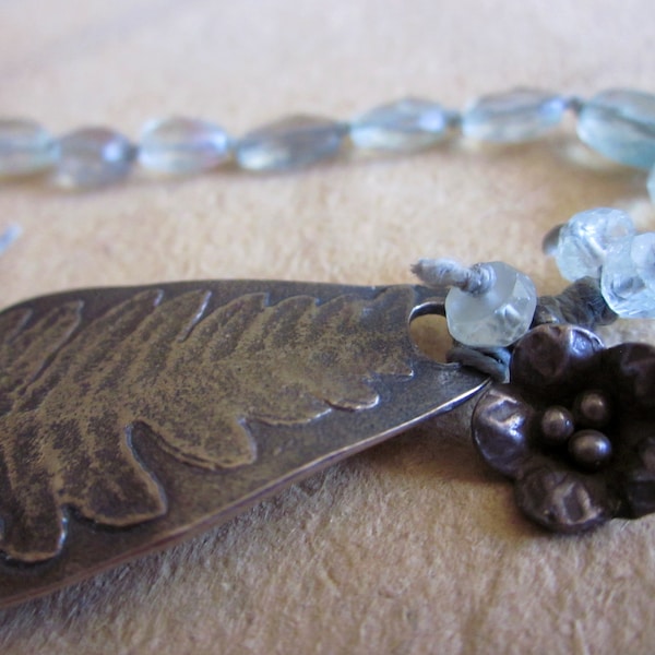 Sterling silver fern cuff bracelet, Fluorite faceted nugget gemstone Knotted Blue Irish Linen Hill Tribe Flower charm