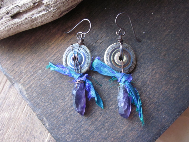 Amethyst spike earrings, Rough purple quartz Artisan lampwork glass Recycled silk Raw copper Endless Circle image 2