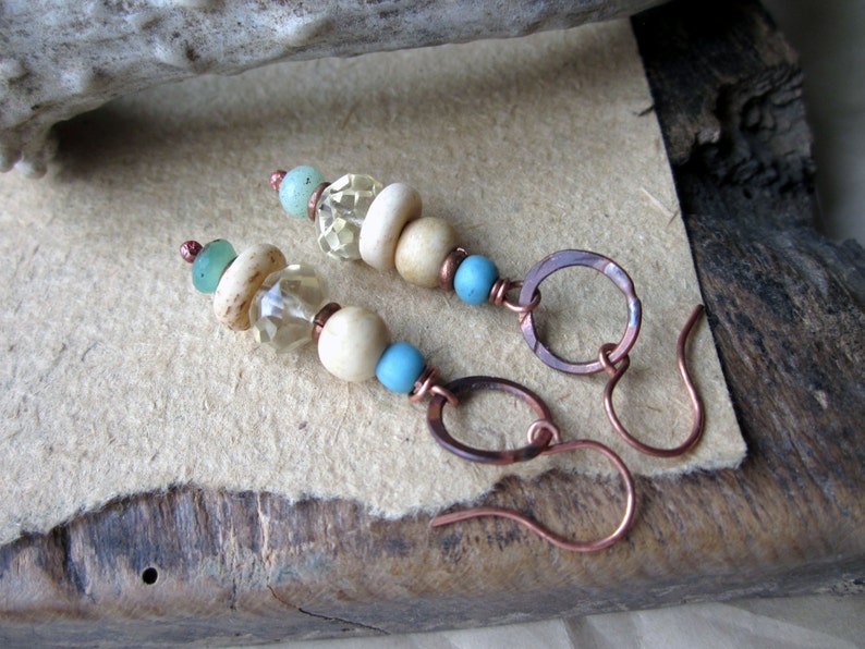 Stacked Gemstone Earrings, Artisan Soldered Copper Rings Bone Citrine
