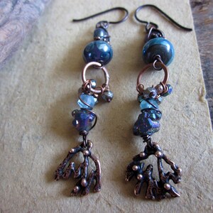 Cosmic dangle blue earrings, Artisan organic coral branch bronze form earrings, Handmade lampwork Forged copper hoops Niobium hypoallergenic