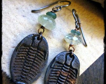 Rustic earrings, Trilobite Stamped Rustic Steel Faceted green prehnite Ancient Roman glass Hypoallergenic - Ancient Seas