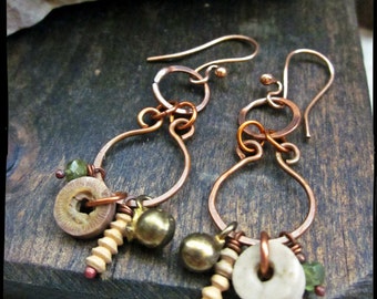 Crinoid fossil earrings, Artisan soldered rings Peridot Brass bell Clay bead Hammered copper chandelier