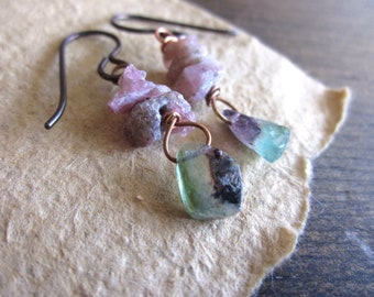 Watermelon tourmaline slice earrings, Bicolor green pink Rough sapphire Gemstone slab drops Raw nuggets Copper Hypoallergenic niobium