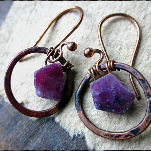 Ruby earrings, Rough genuine ruby geometric nugget drops Copper wire wrapped Forged metal - July birthstone earrings
