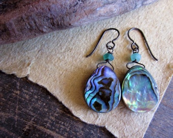 Abalone shell earrings, Paua shell Ancient Roman glass Copper wire Niobium hypoallergenic - Heart of the Ocean