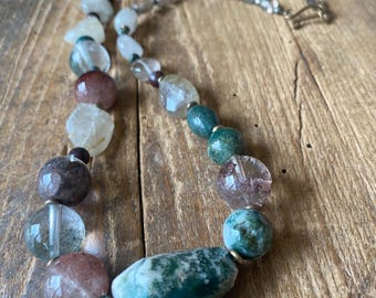 Chunky beaded necklace, Round rutilated quartz Agate Brown Green White Brass