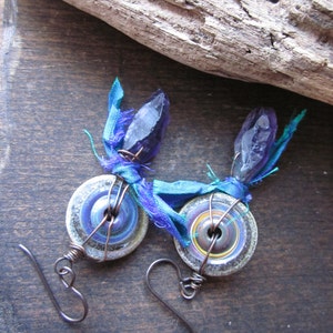Amethyst spike earrings, Rough purple quartz Artisan lampwork glass Recycled silk Raw copper Endless Circle image 3