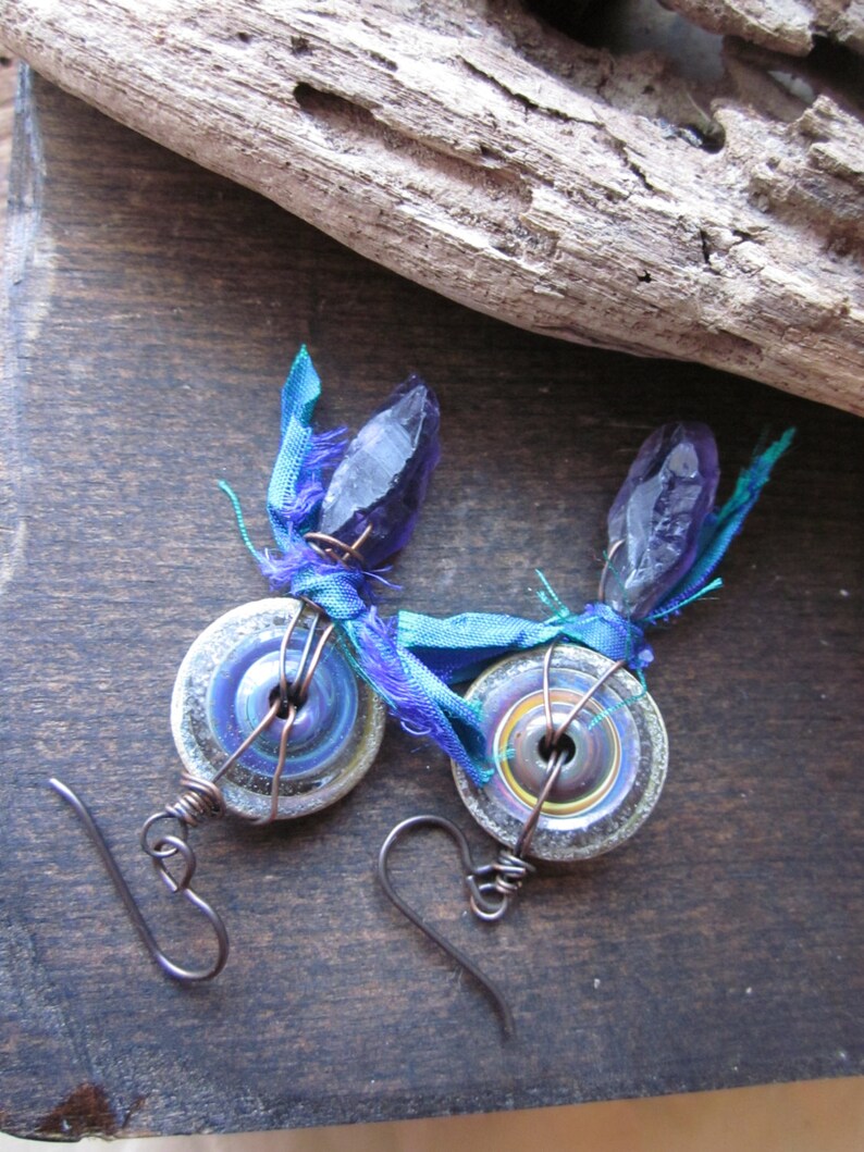 Amethyst spike earrings, Rough purple quartz Artisan lampwork glass Recycled silk Raw copper Endless Circle image 3