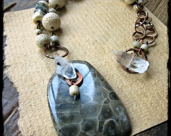 Petoskey Stone necklace, White sponge coral Artisan lampwork glass Forged rosey copper findings - Washed Ashore