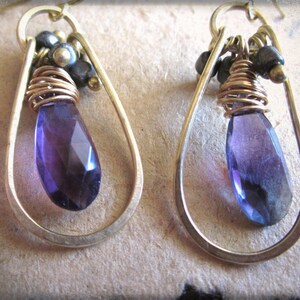 Fluorite Briolette earrings, Brass hammered frame Pyrite rondelle Faceted stone Wire wrapped Blue Purple Semiprecious gemstones