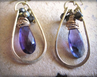 Fluorite Briolette earrings, Brass hammered frame Pyrite rondelle Faceted stone Wire wrapped Blue Purple Semiprecious gemstones