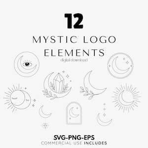 Może przedstawiać: Zestaw 12 mistycznych elementów logo w czerni i bieli. Projekty obejmują półksiężyce, gwiazdy, oko i kryształ. Tekst zawiera "MYSTIC LOGO ELEMENTS" i "digital download".