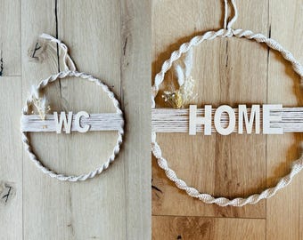 Makramee Türkranz "WC" „Home“ Handgemachte Boho-Deko mit Trockenblumen und Holzbuchstaben für Badezimmer, Gäste-WC oder Eingangstür