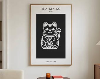 Lucky Cat Wall Art – Black and White Maneki Neko Print, Japanese Minimalist Poster, Japandi Cat Decor, Printable Digital Download