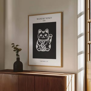 Lucky Cat Print Maneki Neko Japanese Wall Art｜Fortune Cat Poster, Minimalist Cat Decor, Black and White, Printable Art, Instant Download