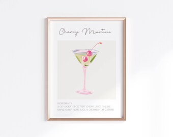 Impression d'art mural cocktail Martini cerise, décoration de chariot de bar rétro, affiche de cuisine minimale, art mural cocktail rose