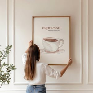 Pôster de café expresso, arte minimalista para parede de cozinha italiana, impressão neutra de cafeteria, decoração estética de café para casa, download digital